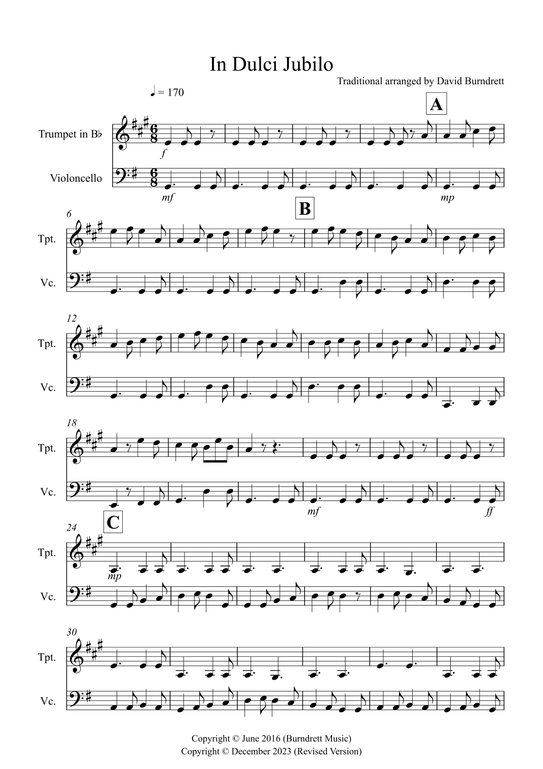 In Dulci Jubilo for Trumpet and Cello Duet (arr. David Burndrett)