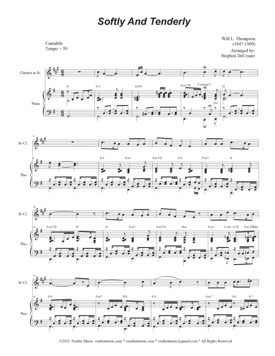 Softly And Tenderly (Bb-Clarinet solo and Piano) (arr. Stephen DeCesare)