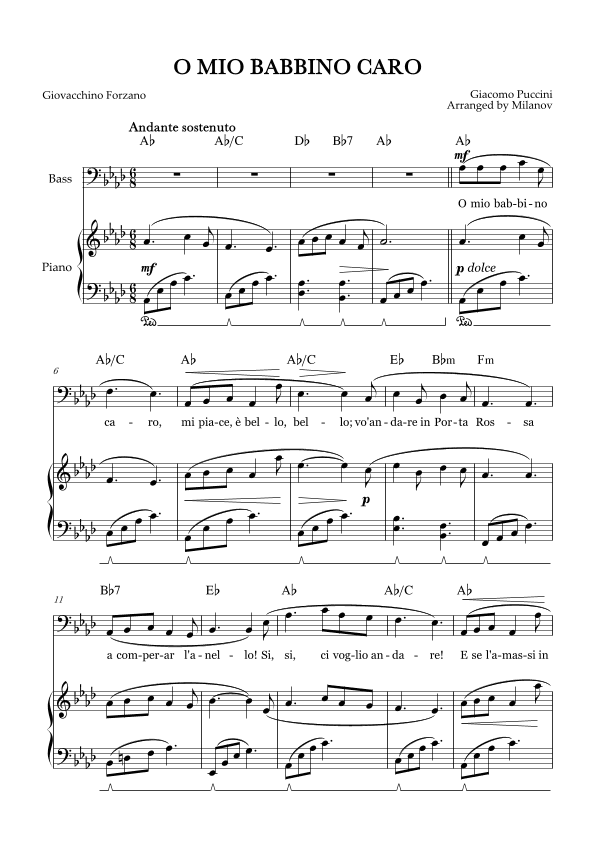 O Mio Babbino Caro | Male Voice Bass | A-flat Major | Piano accompaniment | Pedal | Chords (arr. Milanov)