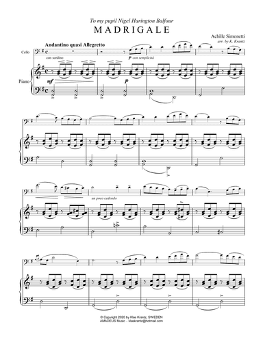 Madrigale for cello and piano, G Major (low position) (arr. K. Krantz)