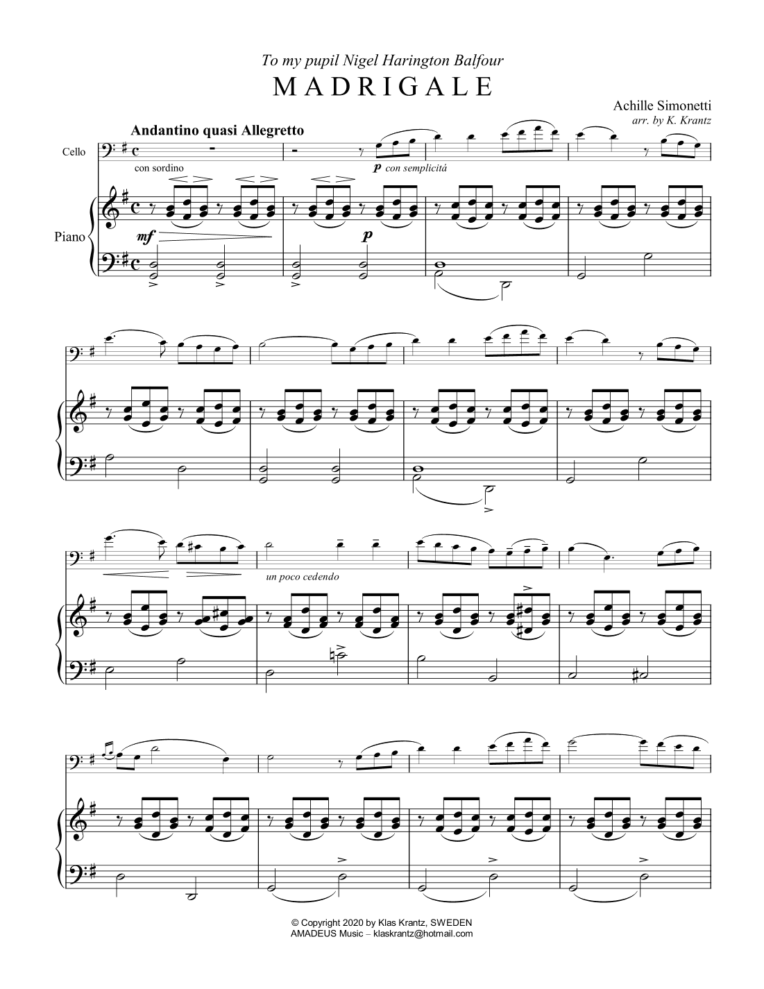 Madrigale for cello and piano, G Major (low position) (arr. K. Krantz)
