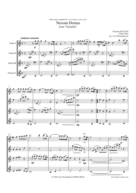 Nessun Dorma - Violin Quartet (arr. Anne Christopherson GRSM ARCM)
