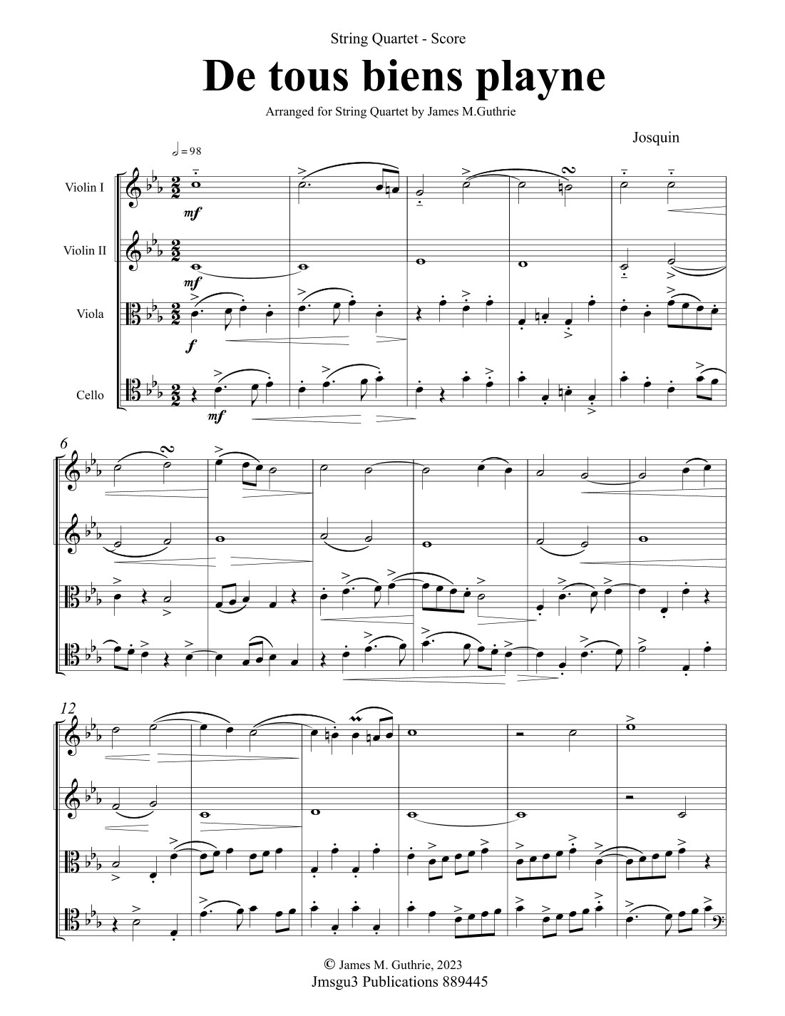 Josquin: De tous biens playne for String Quartet - Score Only (arr. James M. Guthrie)