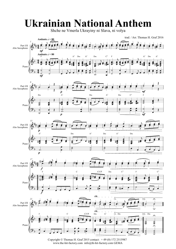 Ukrainian National Anthem - Shche ne Vmerla Ukrayiny ni Slava ni volya - Alto Saxophone with Piano - (arr. Thomas Graf)