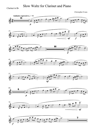 Slow Waltz for Clarinet (Bb) & Piano - Clarinet solo part