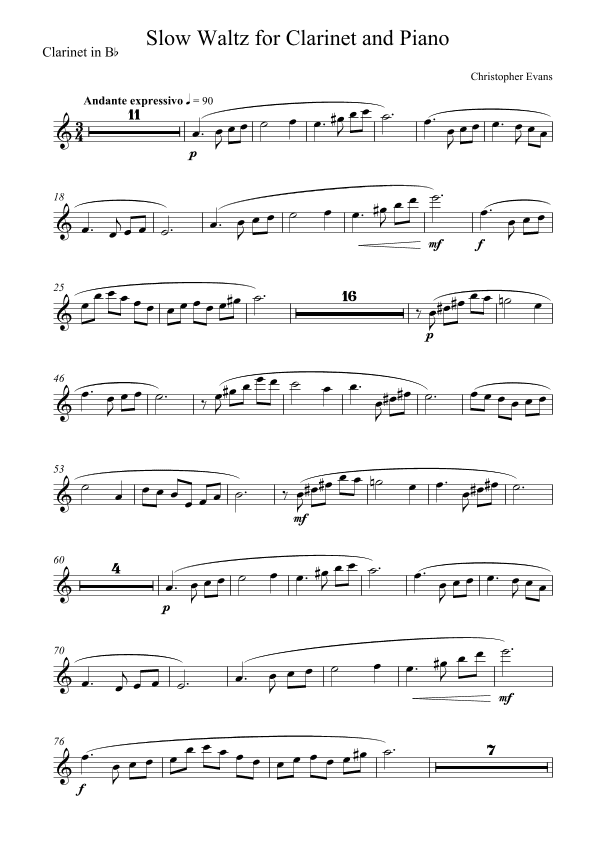 Slow Waltz for Clarinet (Bb) & Piano - Clarinet solo part