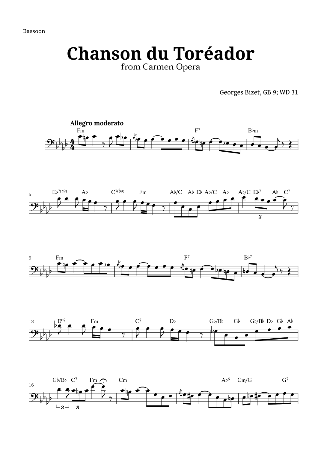 Chanson du Toreador by Bizet for Bassoon (arr. Langanho)