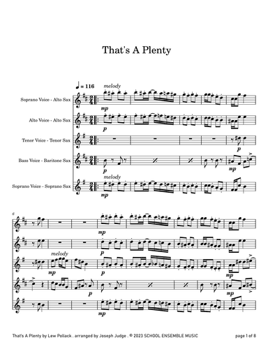 That's A Plenty by Pollack for Saxophone Quartet in Schools (arr. Joseph Judge)