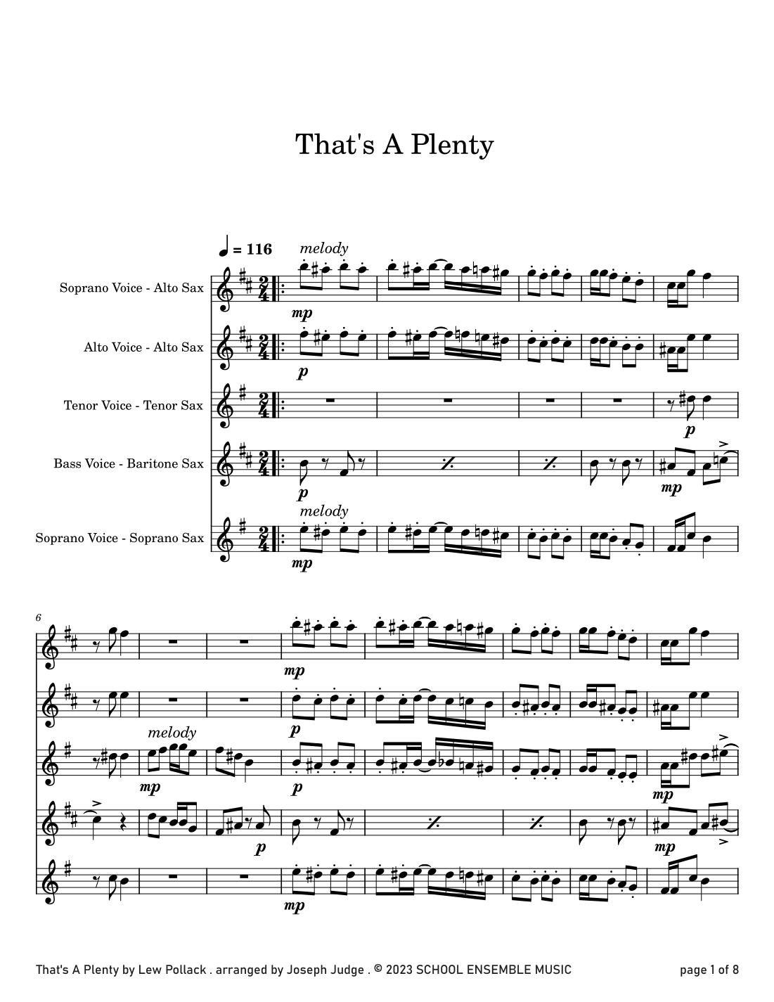 That's A Plenty by Pollack for Saxophone Quartet in Schools (arr. Joseph Judge)