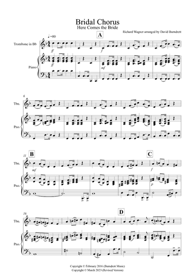 Bridal Chorus "Here Comes the Bride" for Trombone in Bb and Piano (arr. David Burndrett)