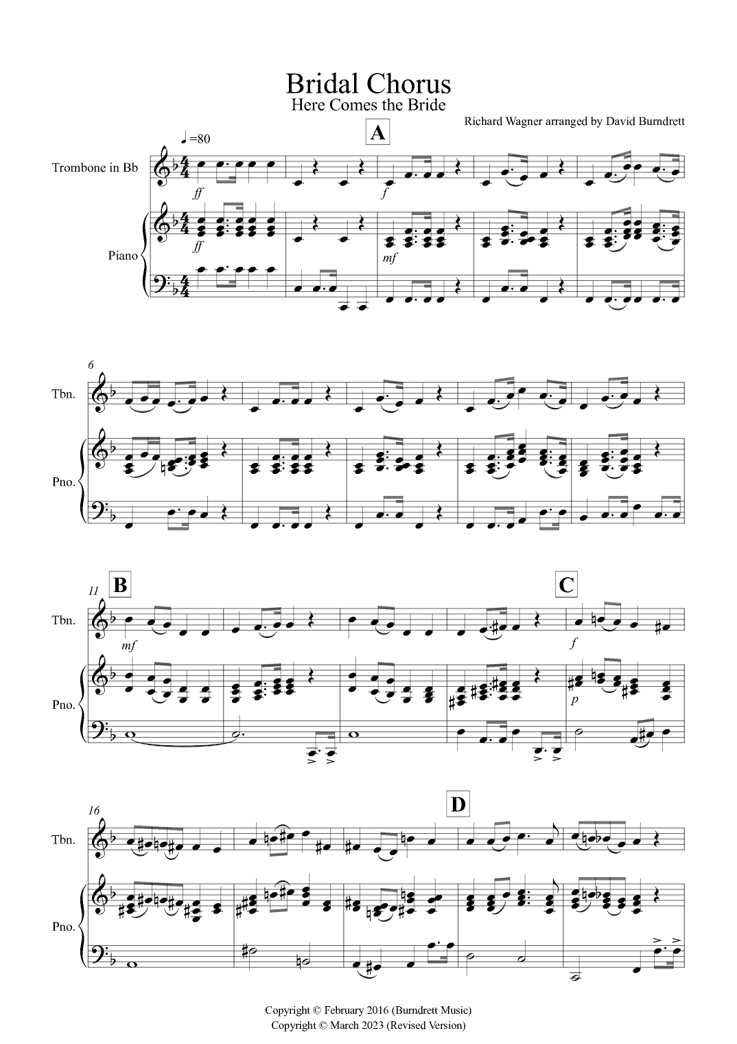 Bridal Chorus "Here Comes the Bride" for Trombone in Bb and Piano (arr. David Burndrett)