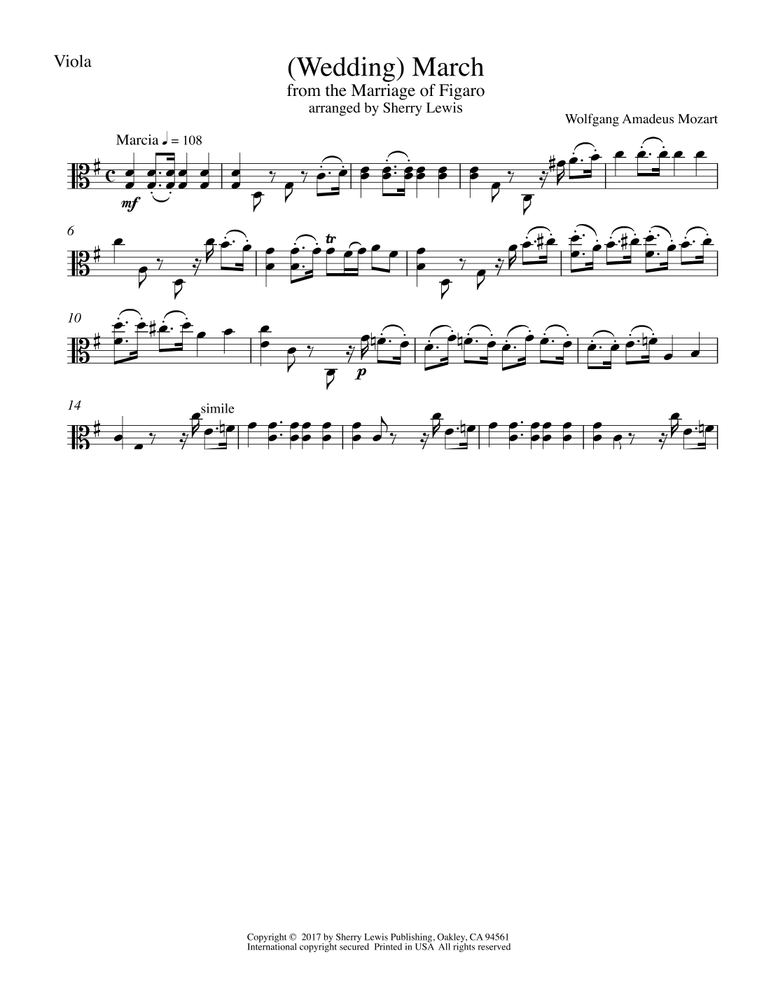 March from the Marriage of Figaro (Bridal March) for Viola Solo (arr. Sherry Lewis)