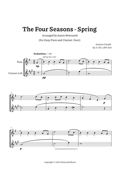 Vivaldi, Spring (The Four Seasons) — For Easy Flute and Clarinet Duet. Score and Parts (arr. Aaron Newcastle)