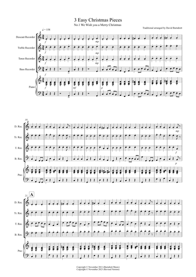 3 Easy Christmas Pieces for Recorder Quartet (arr. David Burndrett)