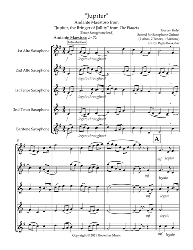 Jupiter (Andante Maestoso from "Jupiter, the Bringer of Jollity" from The Planets) (Bb) (Saxophone Q (arr. Regis Bookshar)