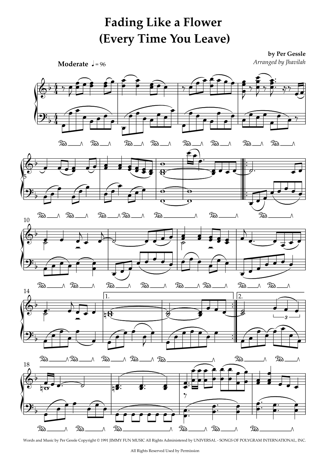 Fading Like A Flower (every Time You Leave) (arr. Jhavilah)