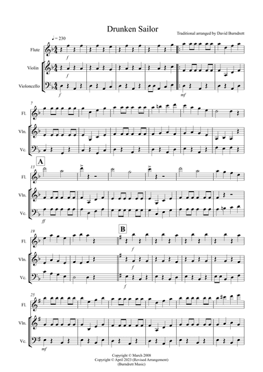 Drunken Sailor for Flute, Violin and Cello Trio (arr. David Burndrett)