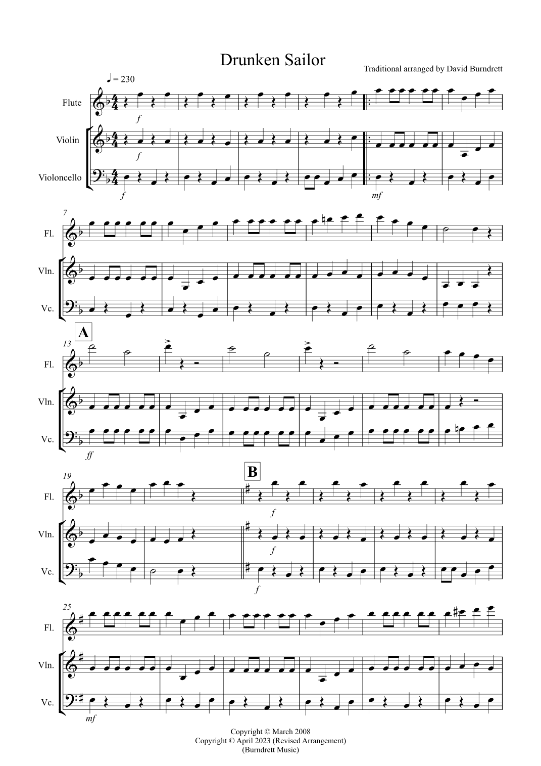 Drunken Sailor for Flute, Violin and Cello Trio (arr. David Burndrett)