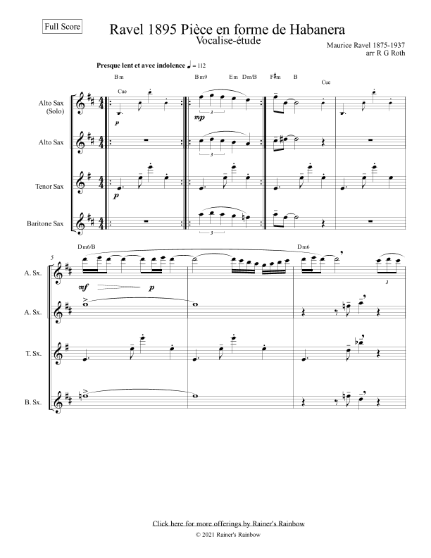 Ravel Vocalise Etude En Form Habanera Sax Quartet (arr. R G Roth)