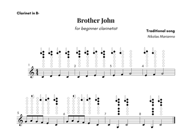 Brother John for beginner clarinetist with finger chart (arr. Nikolas Marianno)