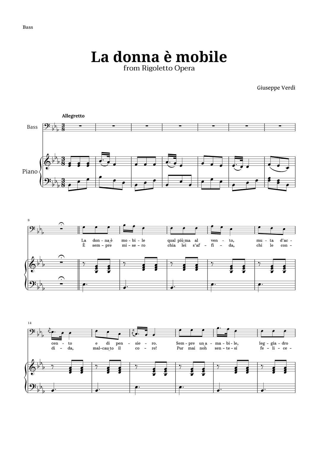 La donna è mobile in E-flat major for Bass and Piano (arr. Langanho)