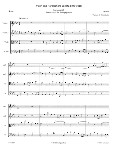 Bach: Sonata for Violin and Harpsichord in f, BWV 1018 - Movement 1; arr. for String Quartet (arr. D Oppenheim)