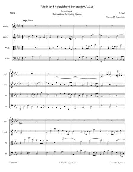 Bach: Sonata for Violin and Harpsichord in f, BWV 1018 - Movement 1; arr. for String Quartet (arr. D Oppenheim)