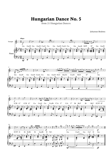 Hungarian Dance No. 5 by Brahms for Trumpet and Piano with Chords (arr. Rika K.)