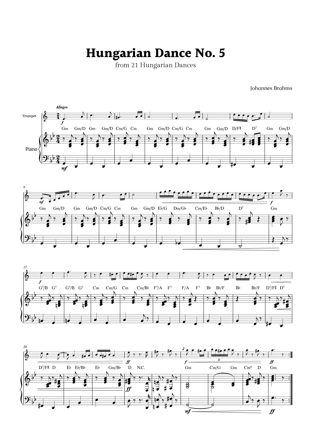 Hungarian Dance No. 5 by Brahms for Trumpet and Piano with Chords (arr. Rika K.)