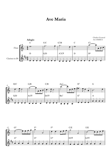 Ave Maria (Bach-Gounod) in Eb Major for Clarinet and Flute With Chords (arr. SMMUS)