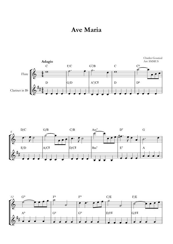 Ave Maria (Bach-Gounod) in Eb Major for Clarinet and Flute With Chords (arr. SMMUS)
