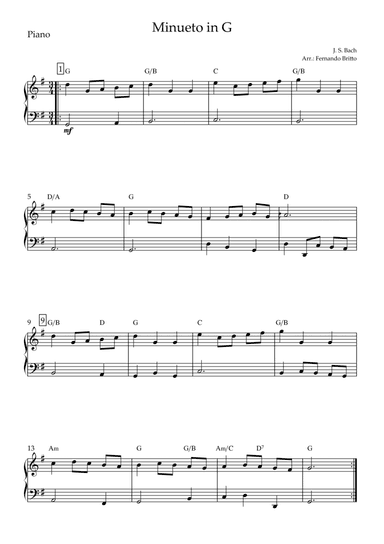 Minueto in G (J. S. Bach) for Piano Solo with Chords (arr. Fernando Britto)