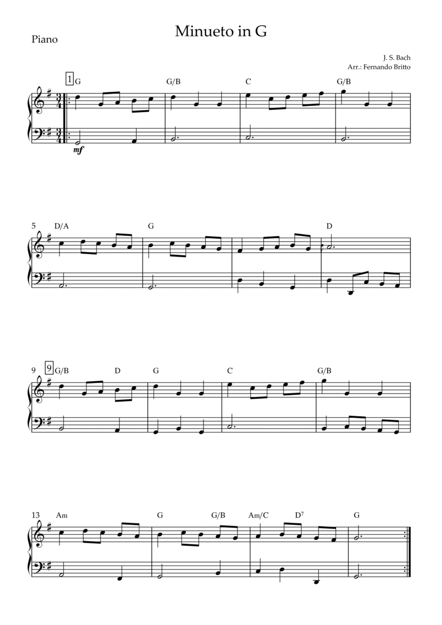 Minueto in G (J. S. Bach) for Piano Solo with Chords (arr. Fernando Britto)