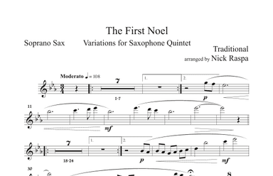 The First Noel - Variations for Sax Quintet - (SAATB) Soprano Sax part (arr. Nick Raspa)