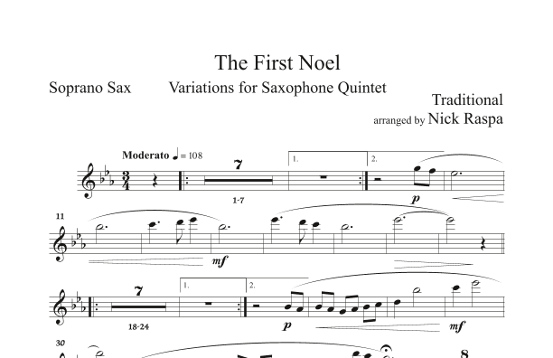 The First Noel - Variations for Sax Quintet - (SAATB) Soprano Sax part (arr. Nick Raspa)