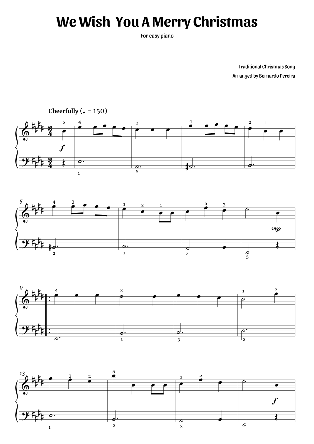 We Wish You A Merry Christmas (easy piano – E major) (arr. Bernardo Pereira)