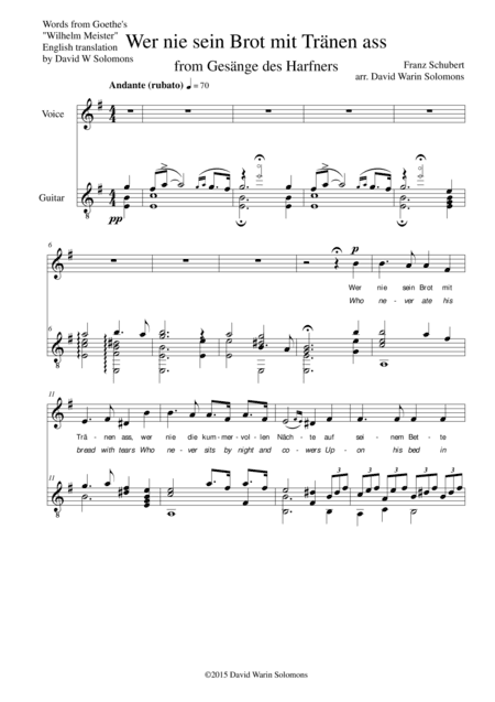 Wer nie sein Brot mit Tränen ass (Who never ate his bread with tears) for low voice and guitar (arr. David Warin Solomons)