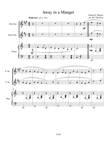 Away in a Manger (alto and tenor sax duet) with optional piano accompaniment (arr. B C Dockery)