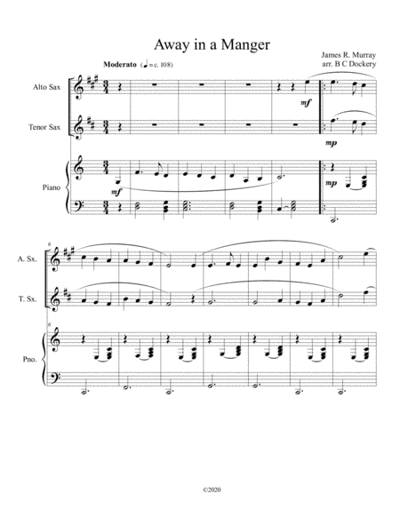 Away in a Manger (alto and tenor sax duet) with optional piano accompaniment (arr. B C Dockery)