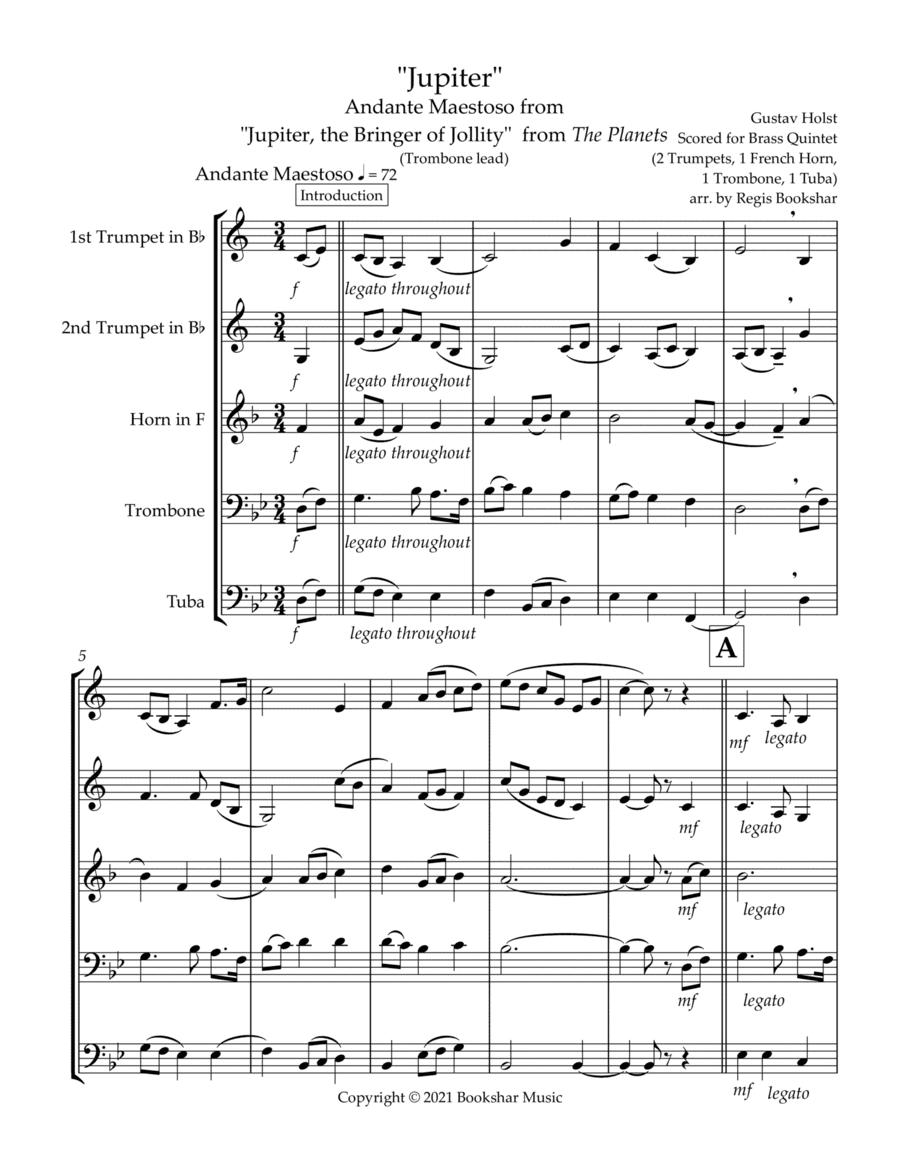 Jupiter (Andante Maestoso from "Jupiter, the Bringer of Jollity" from The Planets) (Bb) (Brass Quint (arr. Regis Bookshar)