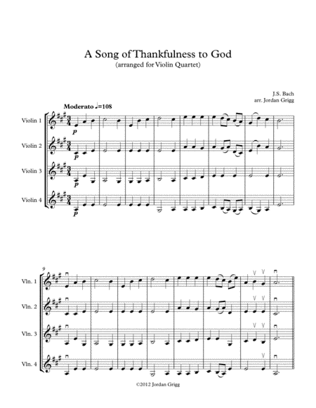 A Song of Thankfulness to God (arranged for Violin Quartet) (arr. Jordan Grigg)