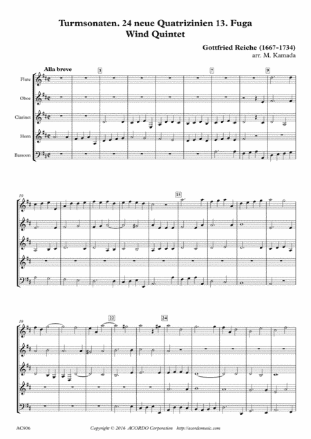 Turmsonaten. 24 neue Quatrizinien 13. Fuga for Wind Quintet (arr. Mikio Kamada)