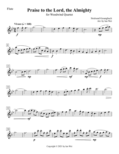 Praise to the Lord, the Almighty for Woodwind Quartet (arr. Ian Wei)