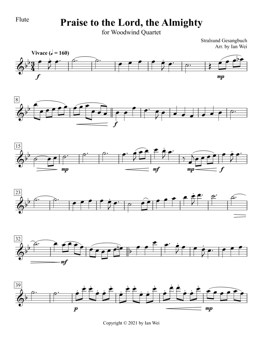 Praise to the Lord, the Almighty for Woodwind Quartet (arr. Ian Wei)