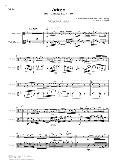 Arioso (BWV 156) - Viola and Piano (Individual Parts) (arr. César Madeira)