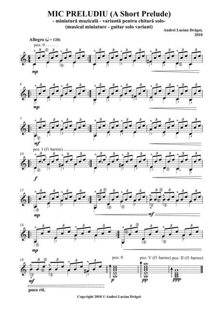 Mic preludiu (A short prelude) – miniatura muzicala (musical miniature), varianta chitara solo