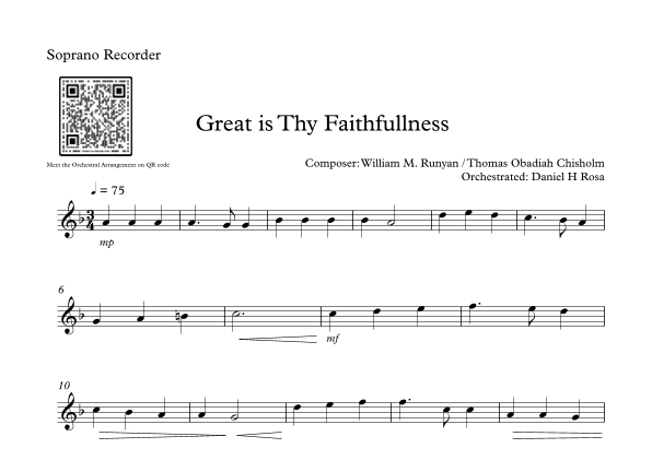 Great is Thy Faithfullness - Easy Soprano Recorder (arr. Daniel H Rosa)