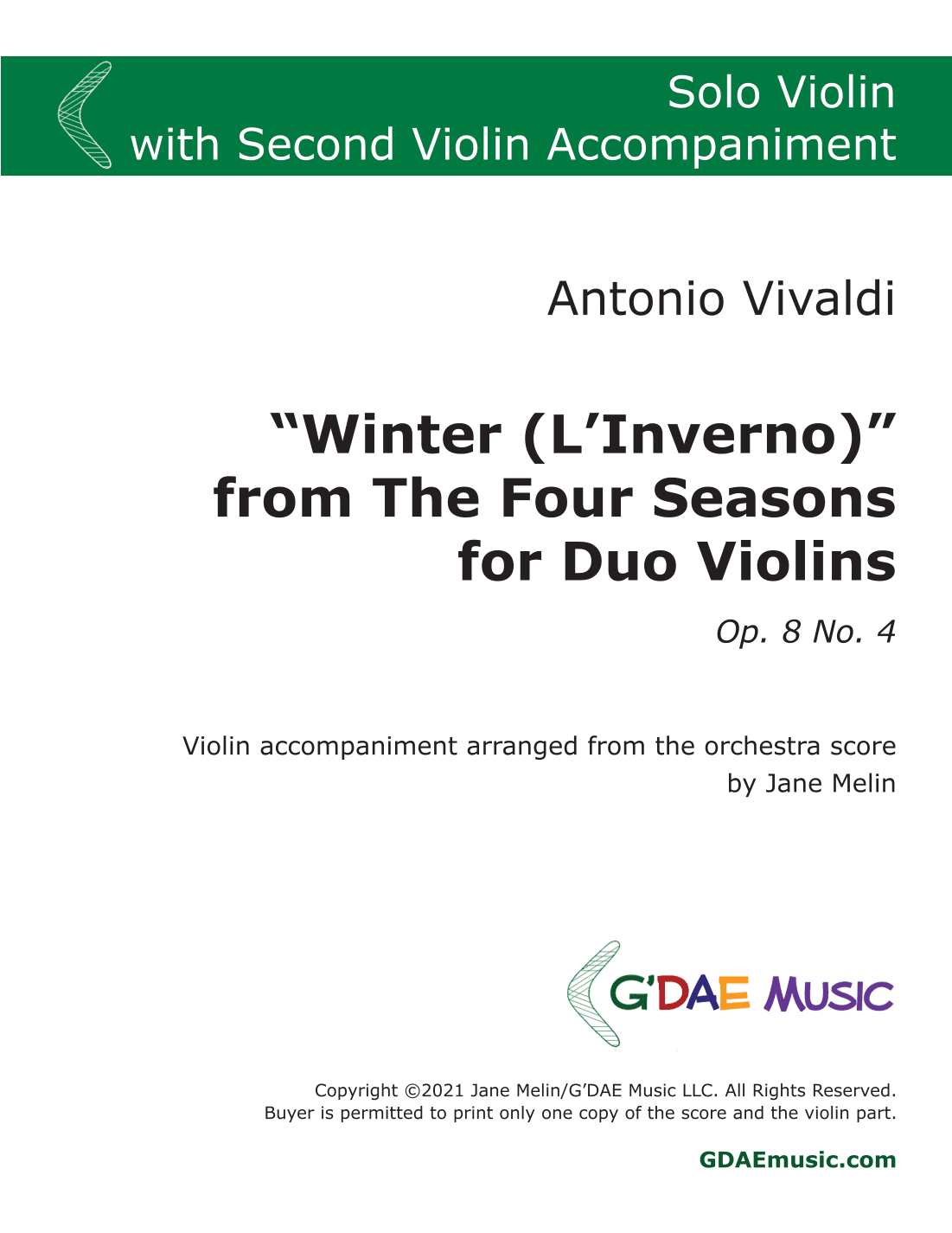 Vivaldi - "Winter" Violin Concerto in F minor Op. 8 No. 4 - with Second Violin Accompaniment (arr. Jane Melin)