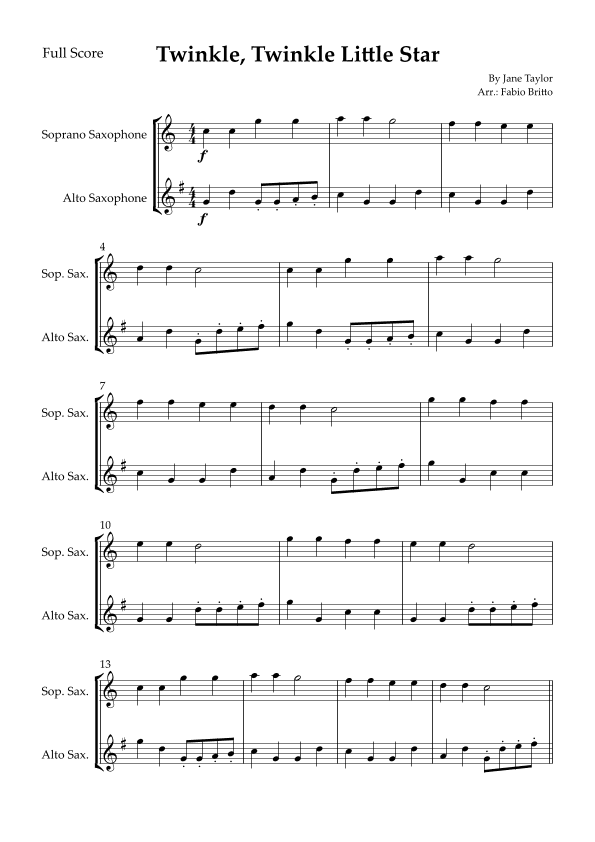 Twinkle, Twinkle Little Star for Soprano Saxophone & Alto Saxophone Duo (arr. Fabio Britto)
