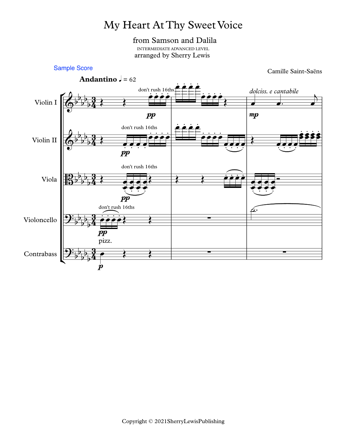 MY HEART AT THY SWEET VOICE for String Orchestra (String Quintet) Advanced Intermediate Level for 1s (arr. Sherry Lewis)